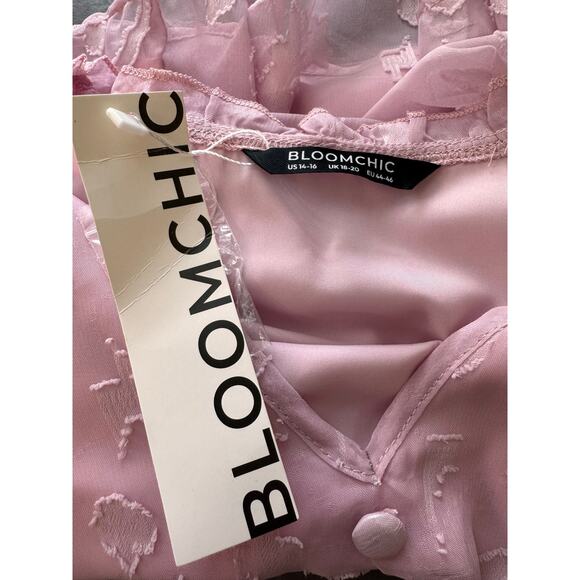 New BLOOMCHIC Women's Pink Chiffon Plain Textured Ruffle Trim Blouse Size 14-16 - Picture 6 of 9